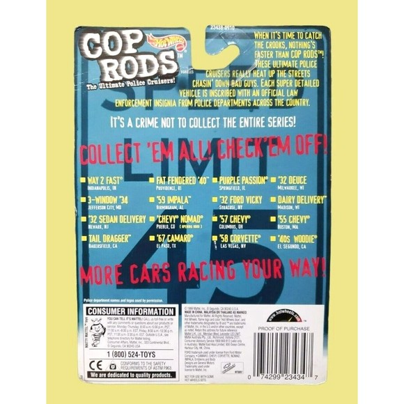 1999 Hot Wheels Cop Rods Tail Dragger Bakersfield CA Police Cruiser 1/64 Diecast - Picture 8 of 11